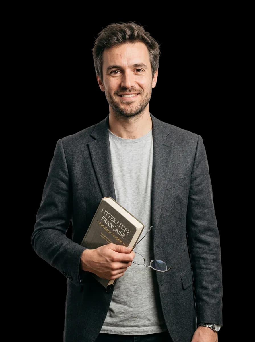 Un professeur souriant, un manuel et une paire de lunettes à la main.
